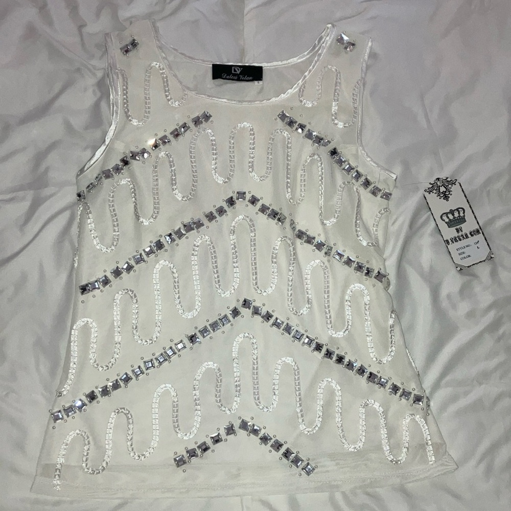 Dulcci Velan White and Silver Sequin Tank Top
